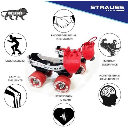 Strauss Junior Tenacity Roller Skates | Adjustable Shoe Size For Kids | 4 Wheels Skates For Boys And Girls | For Indoor And Outdoor Skating | Age Group 3-7 Years | Weight Capacity Upto 40Kgs, Black