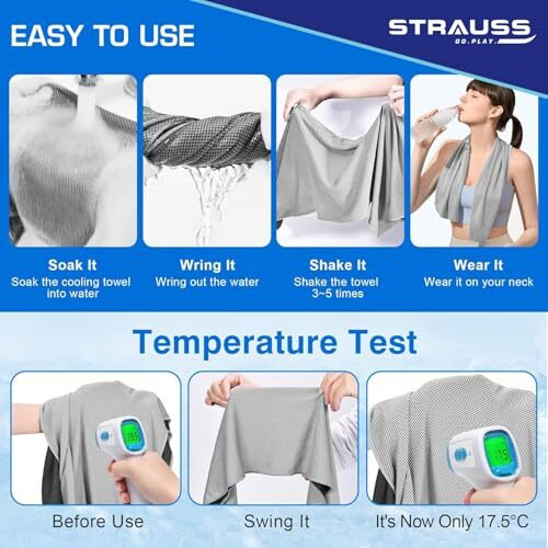 Strauss Anti-Microbial Sports Cooling Hand Towel | Microfiber Cloth | Quick Dry | Suitable For Running, Hiking, Camping, Travel, Gym Workout, Fitness, Yoga & Golf | 30X10 | (Grey)