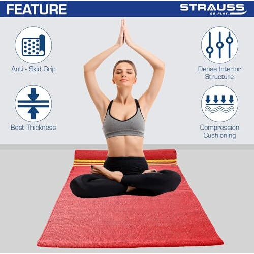 Strauss Cotton Yoga Mat For Women And Men | Exercise Mat For Home Workout, 100% Cotton, Anti Slip Fitness Mat | Washable, Breathable, Sweat Absorbent & Eco-Friendly Material - 4Mm (Red)