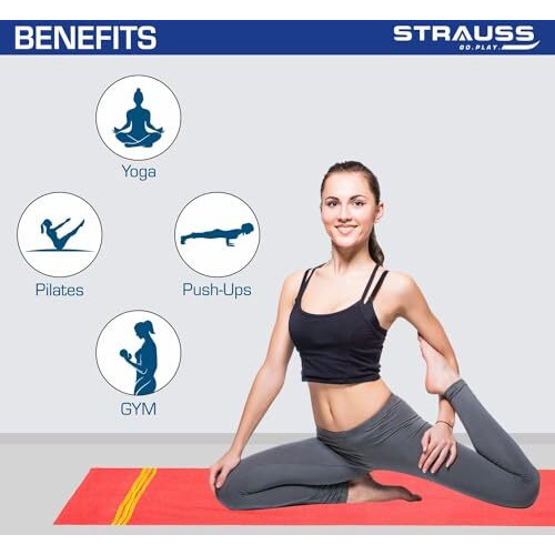 Strauss Cotton Yoga Mat For Women And Men | Exercise Mat For Home Workout, 100% Cotton, Anti Slip Fitness Mat | Washable, Breathable, Sweat Absorbent & Eco-Friendly Material - 4Mm (Red)