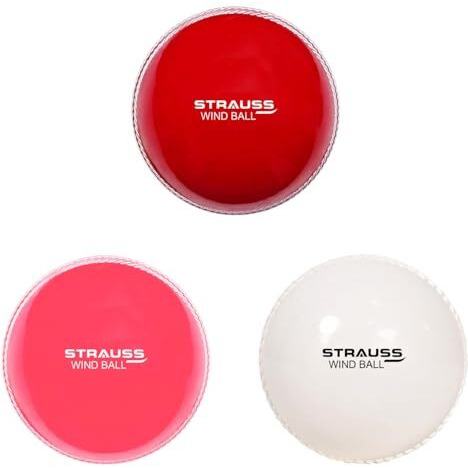 Strauss Synthetic Cricket Balls | Model Wind | Standard Size | Pack Of 3 Color Red, White And Pink | For Matches & Practice | For All Age Groups | Lightweight Wind Ball