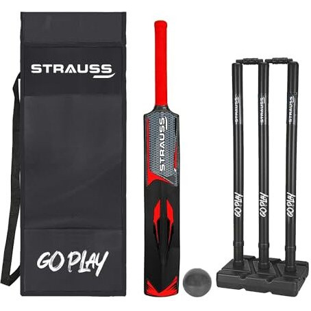 Strauss Cricket Combo Kit Set | Plastic/Pvc Cricket Kit Set | Full Size | 1 Bat + 1 Ball + 3 Stumps + 2 Bails + 1 Base | Color Black | For All Age Groups | Tennis & Synthetic Ball Cricket Kit