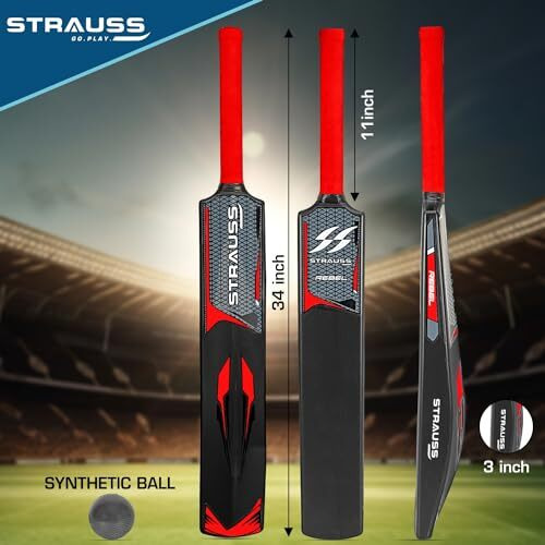 Strauss Cricket Combo Kit Set | Plastic/Pvc Cricket Kit Set | Full Size | 1 Bat + 1 Ball + 3 Stumps + 2 Bails + 1 Base | Color Black | For All Age Groups | Tennis & Synthetic Ball Cricket Kit
