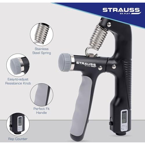 Strauss A-Shape Hand Grip With Digital Counter | Adjustable Resistance (10Kg -100Kg) | Hand/Power Gripper For Home & Gym Workouts | Finger & Forearm Hand Exercises & Strength Building (Black)