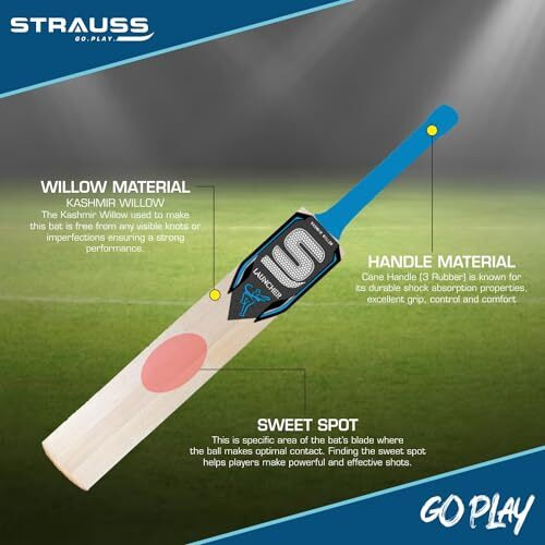 Strauss Launcher Cricket Bat | Kashmir Willow | Cricket Bat With Grip For Gully Cricket & Tournament Match | Standard Tennis Ball Bat For Cricket | Size 5 (800-900 Grams)