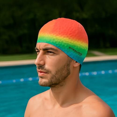 Strauss Latest Designed Swimming Cap | Keeps Hair Clean | Suitable For Long And Short Hair | Swimming Head Cap With Breathable Fabric | Waterproof Swim Cap For Kids, Boys & Girls,(Orange Mix Color)
