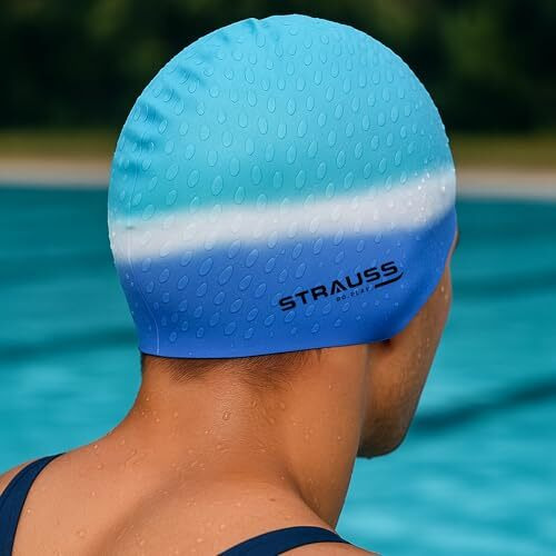 Strauss Latest Designed Swimming Cap |Keeps Hair Clean With Ear Protector|Suitable For Long And Short Hair|Swimming Head Cap With Breathable Fabric|Waterproof Swim Cap For Kids, Boys & Girls,(Blue)