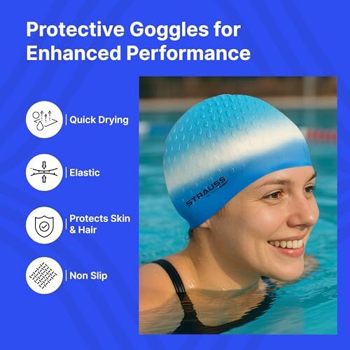Strauss Latest Designed Swimming Cap |Keeps Hair Clean With Ear Protector|Suitable For Long And Short Hair|Swimming Head Cap With Breathable Fabric|Waterproof Swim Cap For Kids, Boys & Girls,(Blue)