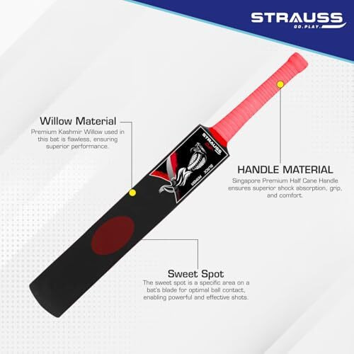 Strauss Black Mamba Kashmir Willow Cricket Bat | Size Short Handle (Sh) | Suitable Only For Tennis Ball | Age Group 13+ Yrs | For Youth/Adults | Bat Cover | Black | (1050-1200 Grams)