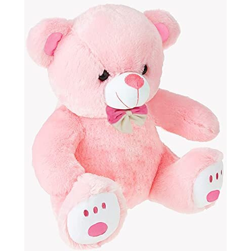 Webby Plush Cute Sitting Teddy Bear Soft Toys With Neck Bow And Foot Print, Pink 35 Cm
