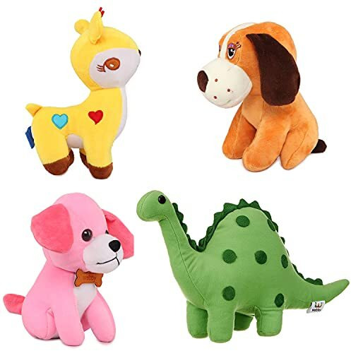 Webby Combo Of 4 Plush (Brown Dalmatian, Green Dinosaur, Yellow Deer And Pink Dog) Soft Toys, Teddy Bear For Kids