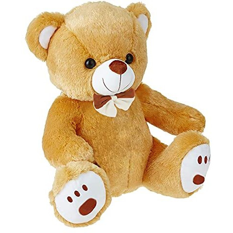 Webby Plush Cute Sitting Teddy Bear Soft Toys With Neck Bow And Foot Print, Brown 35 Cm