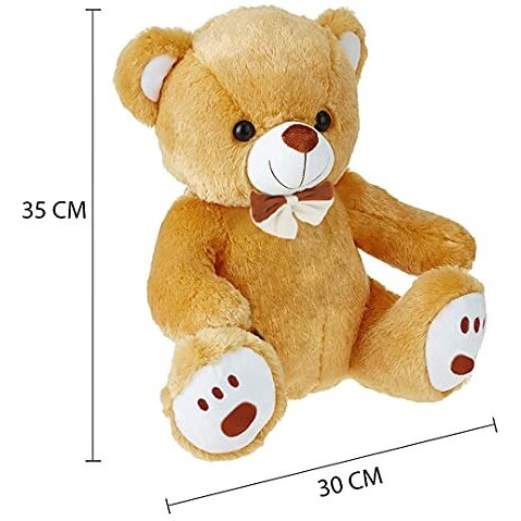 Webby Plush Cute Sitting Teddy Bear Soft Toys With Neck Bow And Foot Print, Brown 35 Cm