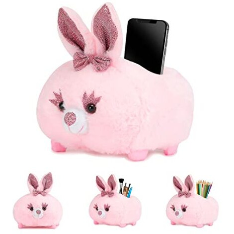Webby Plush Baby Rabbit Teddy With Neck Bow Multi Purpose Holder Soft Toys, Glitter Eyes Soft Toy, Pink