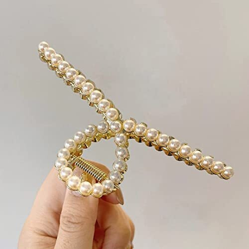 Annacreations Golden Large Metal Pearl Hair Clutcher Hair Claw Hair Accessories For Women Girls (Pack Of 1) Large