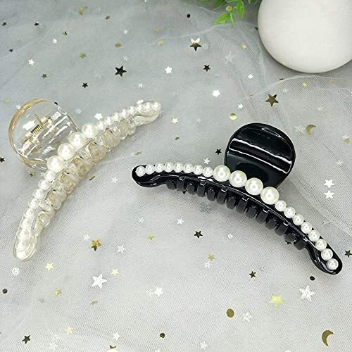 Annacreations Korean Fashionable Fancy Stylish Large Pearl Hair Claw Clips Long Hair Jaw Clips Clutches Barrettes Hair Accessories For Women And Girls Set Of 2