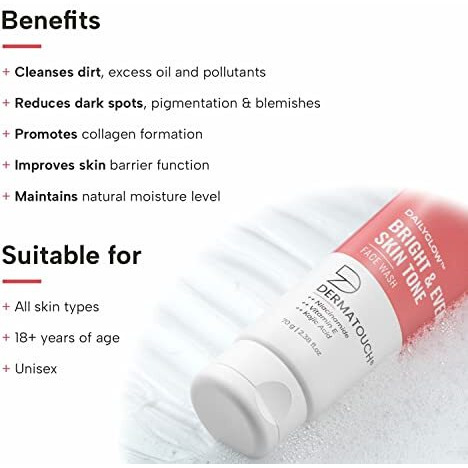 Dermatouch Bright & Even Tone Face Wash With Niacinamide, Vitamin E And Kojic Acid | Daily Gentle Face Wash For Tan, Pigmentation, Uneven Tone - 70G