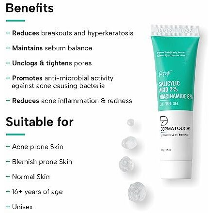 Dermatouch Salicylic Acid 2% Niacinamide 6% Anti-Acne Oil-Free Gel For Active Acne, Oil Balancing, Pore Tightening - 30G