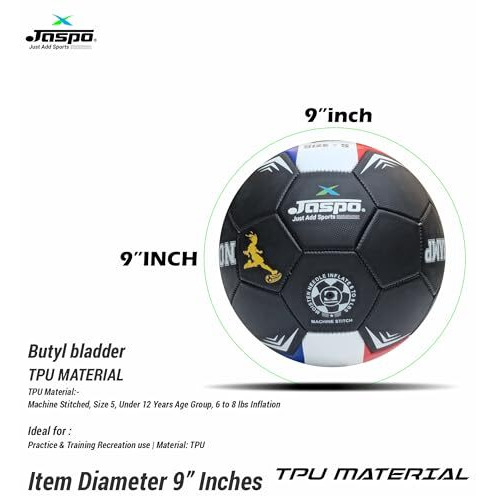 Jaspo Soccer Champ Football, Tpu Material, Machine Stitched, Size 5, Under 12 Years Age Group, 6 To 8 Lbs Inflation (Football+Pump, France) Black
