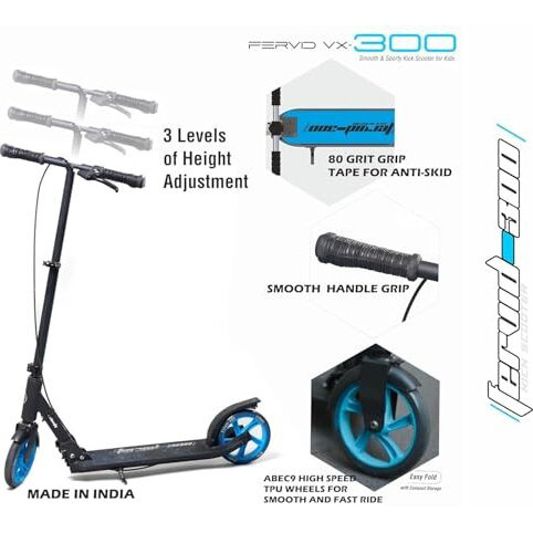Jaspo Fervid Vx-300 Aluminum Kick Scooter 175Mm Pu Wheels, Weight Limit 120 Kg,Front Rear Brakes,Grip Surface,For Tar Roads,3 Size Adjustments For Kids Youth & Adults (Fervid, Blue)