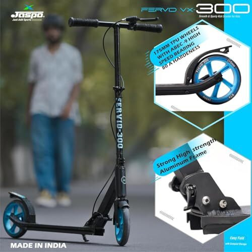 Jaspo Fervid Vx-300 Aluminum Kick Scooter 175Mm Pu Wheels, Weight Limit 120 Kg,Front Rear Brakes,Grip Surface,For Tar Roads,3 Size Adjustments For Kids Youth & Adults (Fervid, Blue)