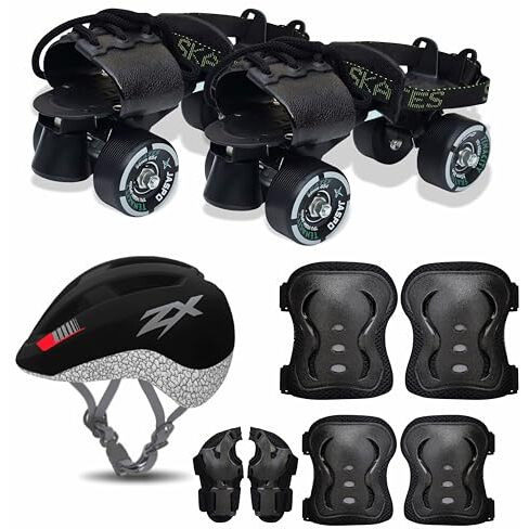 Jaspo Unisex Tenacity Pro Adjustable Senior Outdoor Wheel Roller Skates Combo Suitable For Age Group 6 To 14 Years (Skates+ Helmet + Knee Guard+ Elbow Guard +Wrist Guard+Key) (Black)