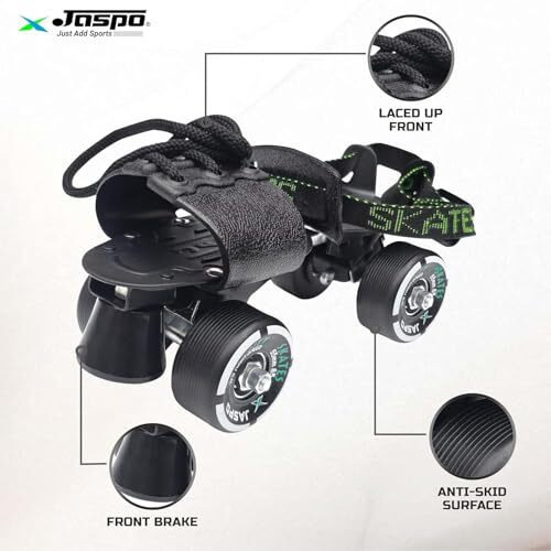 Jaspo Unisex Tenacity Pro Adjustable Senior Outdoor Wheel Roller Skates Combo Suitable For Age Group 6 To 14 Years (Skates+ Helmet + Knee Guard+ Elbow Guard +Wrist Guard+Key) (Black)