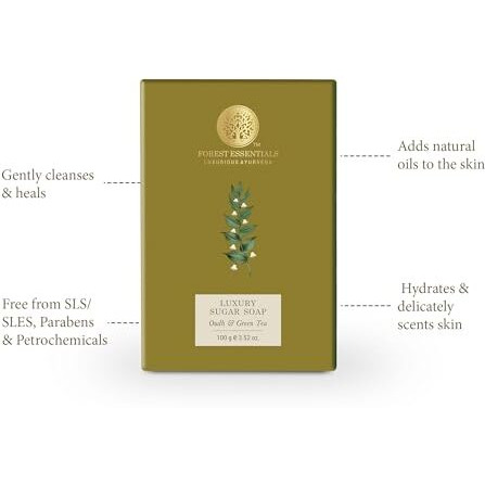 Forest Essentials Luxury Sugar Soap | Oudh & Green Tea | Ayurvedic Handmade Organic Bath Soap| Scented Soap For Smooth & Soft Skin | Made With Raw Cane Sugar