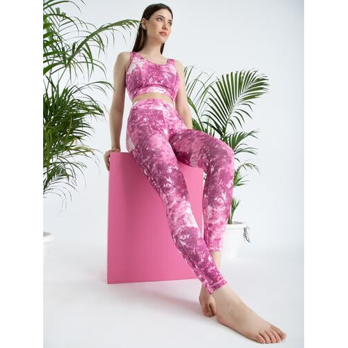 Clovia Track Pants For Women, Track Pants, Gym Track Pants For Women, Women Track Pants, Track Pants For Girlswomen's Snug Fit Ankle-Length High-Rise Active Tie-Dye Print Tights (Ab0042A22_Pink_Xl)