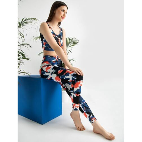 Clovia Track Pants For Women, Track Pants, Gym Track Pants For Women, Women Track Pants, Track Pants For Girlswomen's Snug Fit Ankle-Length High-Rise Active Camouflage Print Tights (Ab0042B08_Blue_L)