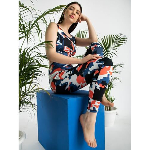 Clovia Track Pants For Women, Track Pants, Gym Track Pants For Women, Women Track Pants, Track Pants For Girlswomen's Snug Fit Ankle-Length High-Rise Active Camouflage Print Tights (Ab0042B08_Blue_L)