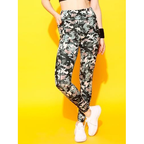 Clovia Women's Snug-Fit High Rise Camouflage Print Active Tights (Ab0042D01_Grey_Xxl)