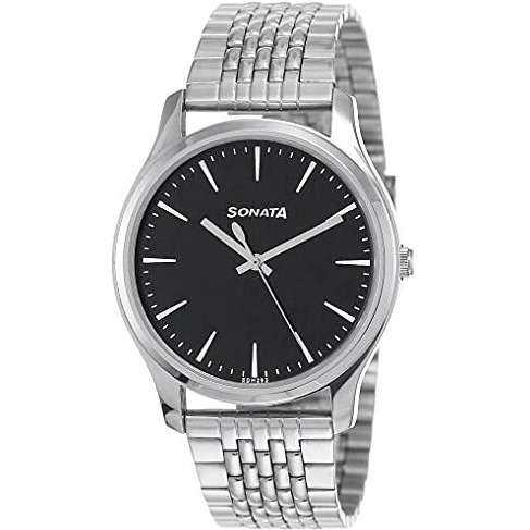 Sonata Quartz Analog Black Dial Stainless Steel Strap Watch For Men-Ns77082Sm01