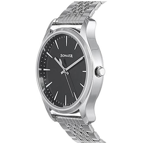 Sonata Quartz Analog Black Dial Stainless Steel Strap Watch For Men-Ns77082Sm01