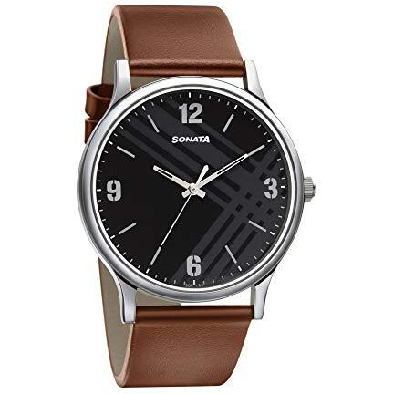Sonata Smart Plaid Quartz Analog Black Dial Leather Strap Watch For Men-Ns77105Sl02W/Nt77105Sl02W