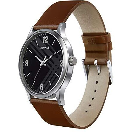 Sonata Smart Plaid Quartz Analog Black Dial Leather Strap Watch For Men-Ns77105Sl02W/Nt77105Sl02W