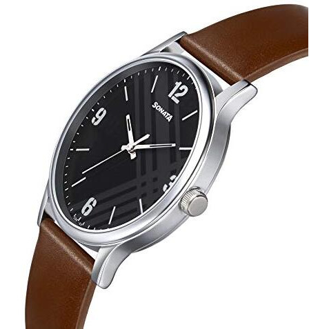 Sonata Smart Plaid Quartz Analog Black Dial Leather Strap Watch For Men-Ns77105Sl02W/Nt77105Sl02W