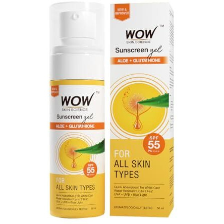 Wow Skin Science Sunscreen Gel For All Skin Types | Spf 55 Pa++++ | With Glutathione & Aloe Vera Extract | Lightweight | Quick Absorbing | No White Cast | Uva & Uvb Protection | 50 Ml