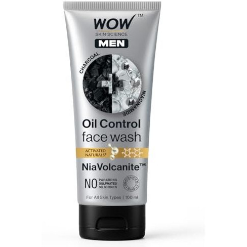 Wow Skin Science Men Charcoal + Niacinamide Oil-Control Face Wash | Absorbs Excess Oil & Deep Cleanses | Niavolcanite Technology | No Sulphates, Parabens, Or Silicones | 100Ml