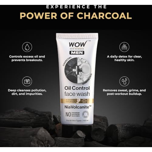 Wow Skin Science Men Charcoal + Niacinamide Oil-Control Face Wash | Absorbs Excess Oil & Deep Cleanses | Niavolcanite Technology | No Sulphates, Parabens, Or Silicones | 100Ml