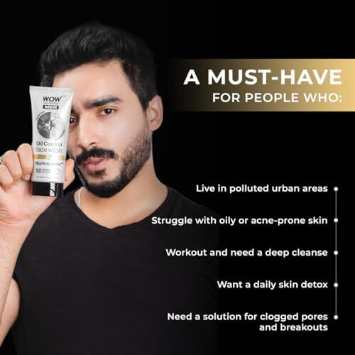 Wow Skin Science Men Charcoal + Niacinamide Oil-Control Face Wash | Absorbs Excess Oil & Deep Cleanses | Niavolcanite Technology | No Sulphates, Parabens, Or Silicones | 100Ml