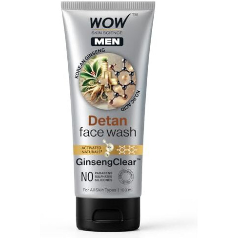 Wow Skin Science Men Korean Ginseng + Kojic Acid Detan Face Wash Gel | Reduces Tan & Dark Spots | Ginsengclear Technology | Gentle Exfoliation | No Sulphates, Parabens Or Silicones | 100Ml