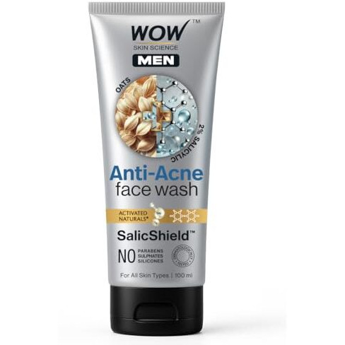Wow Skin Science Men Oat Extract + 2% Salicylic Acid Anti-Acne Face Wash | Targets Acne & Prevents Breakouts | Salicshield Technology | No Sulphates, Parabens Or Silicones | 100Ml