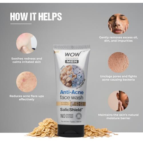 Wow Skin Science Men Oat Extract + 2% Salicylic Acid Anti-Acne Face Wash | Targets Acne & Prevents Breakouts | Salicshield Technology | No Sulphates, Parabens Or Silicones | 100Ml