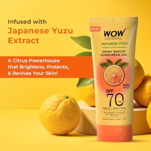 Wow Skin Science Japanese Yuzu + Vitamin C With 5 Ceramides Dewy Bright Sunscreen Gel | Spf 70 Pa++++ 500X Vitamin C | Quick Absorption | No White Cast | Water Resistant | Uva + Uvb Protection | 80Ml