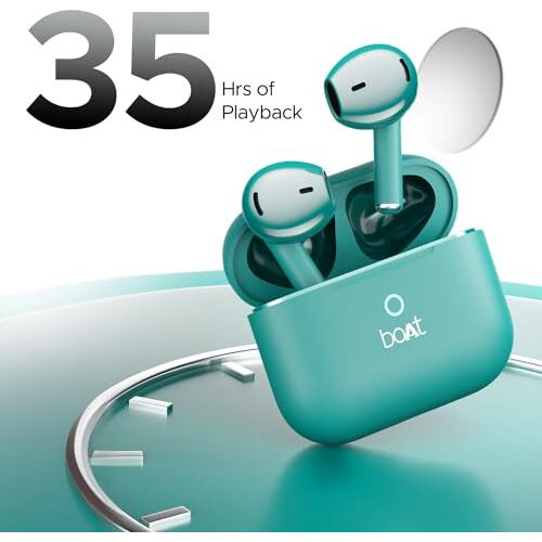 Boat Airdopes Joy, 35Hrs Battery, Fast Charge, Iwp Tech, Low Latency, 2Mic Enx, Type-C Port, V5.3 Bluetooth Earbuds, Tws Ear Buds Wireless Earphones With Mic(Dark Cyan)