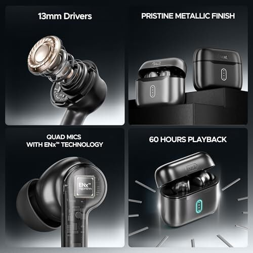 Boat Airdopes 141 Pro Buds, 13Mm Drivers, Metallic Finish, 60Hrs Battery, 4Mics Enx, Fast Charge, Ipx5, V5.3 Bluetooth Tws In Ear Earbuds Wireless Earphones With Mic (Obsidian Black)