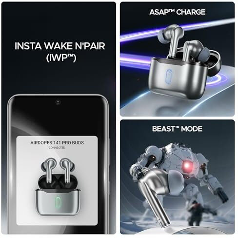 Boat Airdopes 141 Pro Buds, 13Mm Drivers, Metallic Finish, 60Hrs Battery, 4Mics Enx, Fast Charge, Ipx5, V5.3 Bluetooth Tws In Ear Earbuds Wireless Earphones With Mic (Surfer Silver)