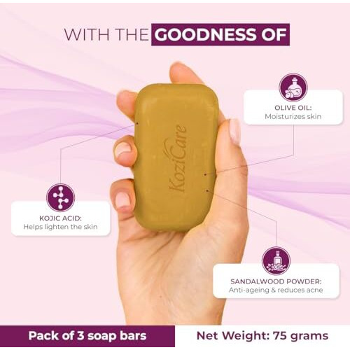 Kozicare Kojic Acid Soap & Glutathione Soap | Sandal Soap | Body Tan Removal Soap & Detan Soap | Sandalwood Ghar Ka Soap | Natural Soap | Soaps For Bath | Bath Soap Combo Offers - Pack Of 3