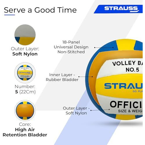 Strauss Sports Volleyball Size 5 Soft Ball | Unisex All Age Group | Indoor Outdoor | Tournament Quality - Yellow Grey Blue